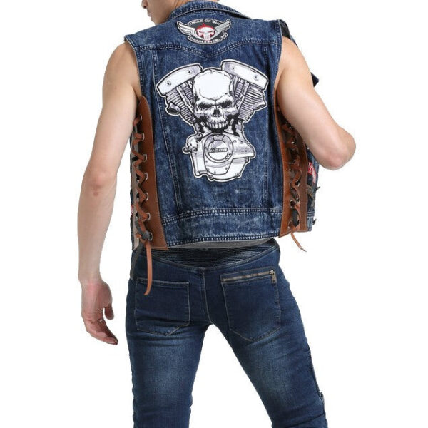 Motorcycle Skull Side Laces Denim Vest With Patches - Image 4