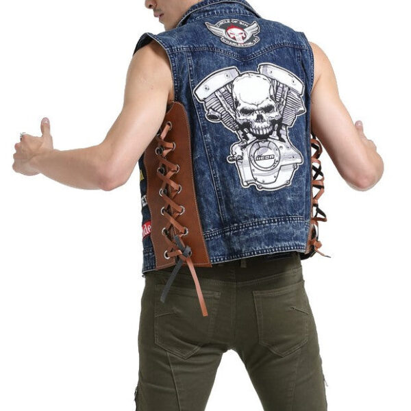 Motorcycle Skull Side Laces Denim Vest With Patches - Image 2