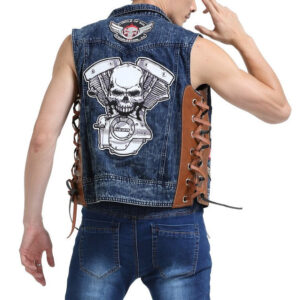 Motorcycle Skull Side Laces Denim Vest With Patches