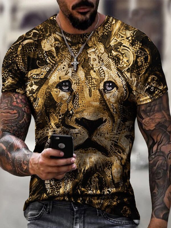 Mens Lion 3D Print Short-Sleeved T-Shirt black Casual Tops - Image 2