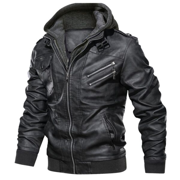 Distressed Leather Jacket Hooded Motorcycle Coat - Image 2