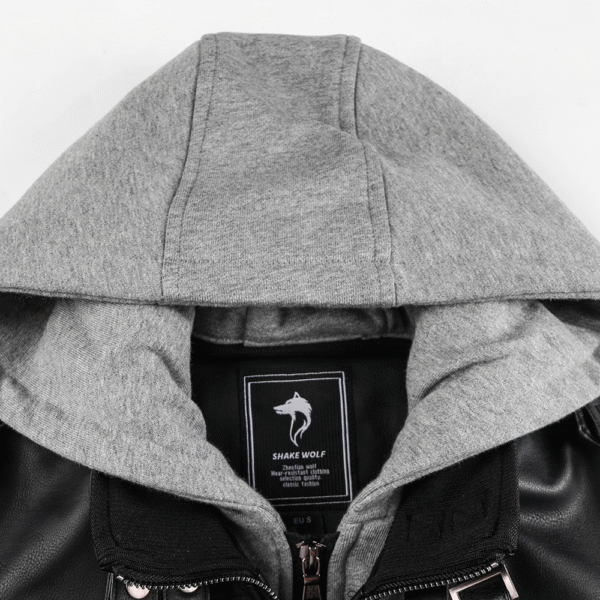 Distressed Leather Jacket Hooded Motorcycle Coat - Black - Image 4