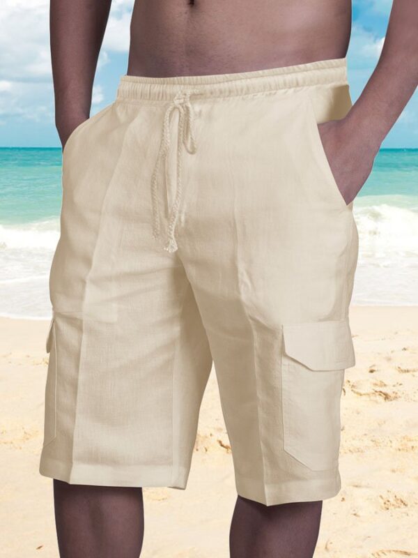 Men's Cotton Linen Shorts Multi-pocket Tethered Beach Cargo Shorts - Image 5