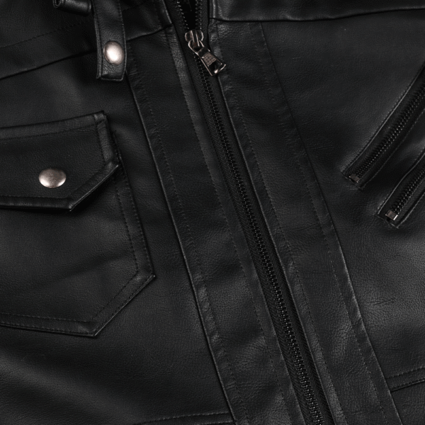 Distressed Leather Jacket Hooded Motorcycle Coat - Black - Image 7