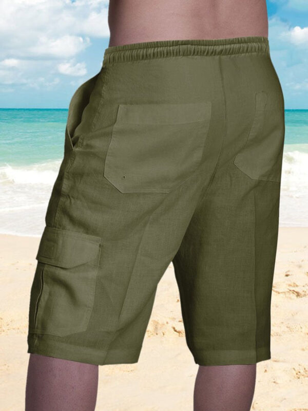 Men's Cotton Linen Shorts Multi-pocket Tethered Beach Cargo Shorts - Image 8