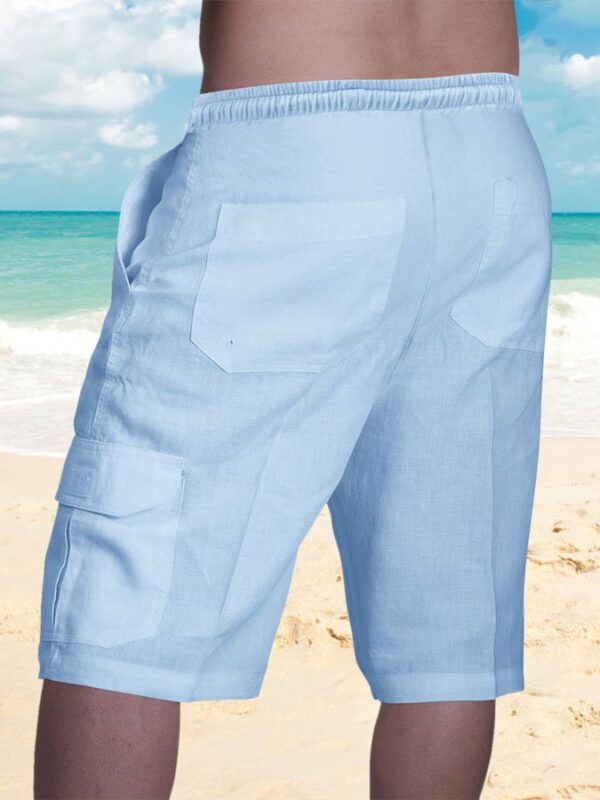 Men's Cotton Linen Shorts Multi-pocket Tethered Beach Cargo Shorts - Image 4