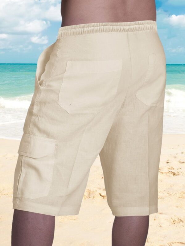 Men's Cotton Linen Shorts Multi-pocket Tethered Beach Cargo Shorts - Image 6