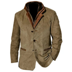 Men Vintage Suede Blazer Jackets Double Layer Lapel Fur Leather Collar Medium Length Coats