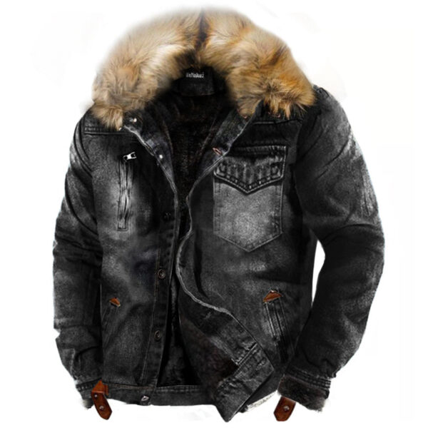 Men's Sherpa Fleece Lined Distressed Denim Trucker Jacket - Image 2