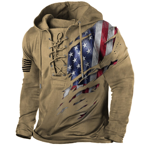 Men's American Flag Print Lace-Up Hoodie Sweatshirt - Image 4