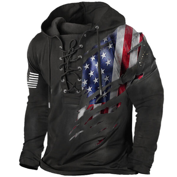 Men's American Flag Print Lace-Up Hoodie Sweatshirt - Image 2