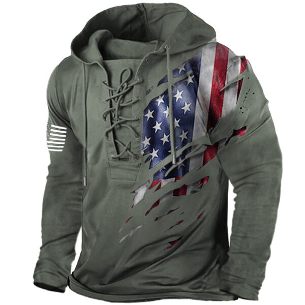 Men's American Flag Print Lace-Up Hoodie Sweatshirt - Image 3