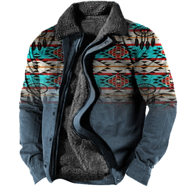 Men's Vintage Ethnic Print Fleece Zip-Up Jacket