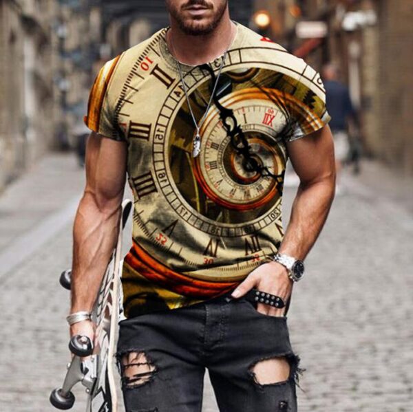 Men's crypto gear print T-shirt abstract clock tee casual crew neck tops - Image 3