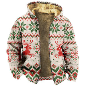 Men's Christmas Print Thickened Fleece Hooded Sweatshirt Jacket
