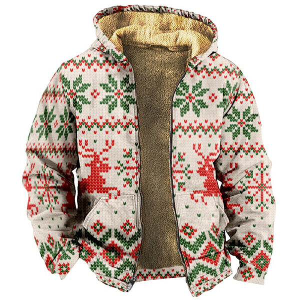 Men's Christmas Print Thickened Fleece Hooded Sweatshirt Jacket