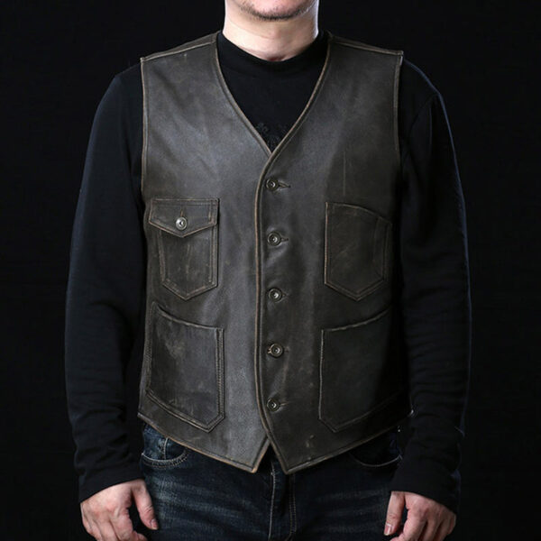 Men's Antique Brown Leather Vest - Image 2