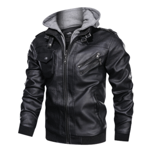 Distressed Leather Jacket Hooded Motorcycle Coat - Black