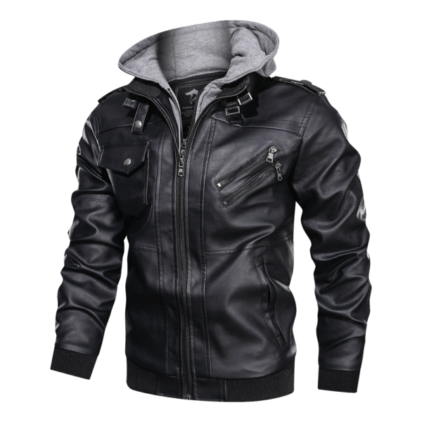 Distressed Leather Jacket Hooded Motorcycle Coat - Image 4
