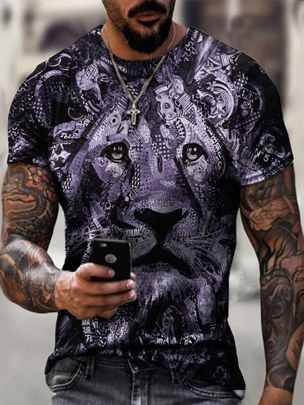 Mens Lion 3D Print Short-Sleeved T-Shirt black Casual Tops - Image 4