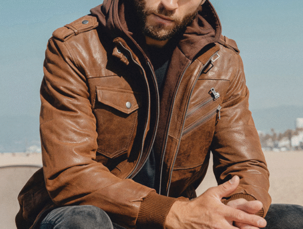 Motorcycle Zip-Front Leather Jacket with Hood - Image 2