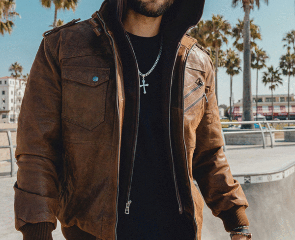 Motorcycle Zip-Front Leather Jacket with Hood - Image 4