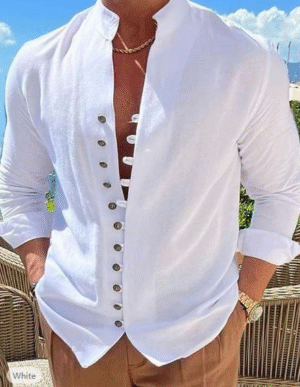 Men's Shirt Linen Shirt Button Up Shirt Casual Shirt Summer Shirt Black White Pink Long Sleeve Plain Band Collar Summer Spring & Fall Daily Vacation Clothing Apparel