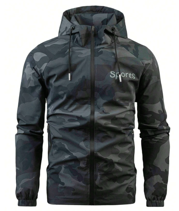 Men Camo And Letter Graphic Zip Up Drawstring Hooded Sports Jacket