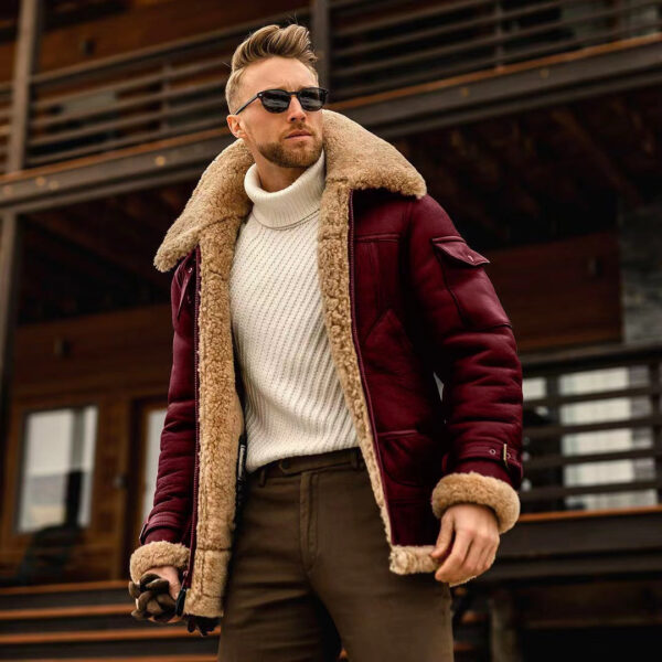 Men's Vintage Outdoor Training Suede Zip Pocket Lamb Fleece Collar Warm Jacket - Image 4