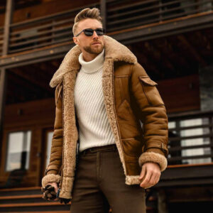 Men's Vintage Outdoor Training Suede Zip Pocket Lamb Fleece Collar Warm Jacket