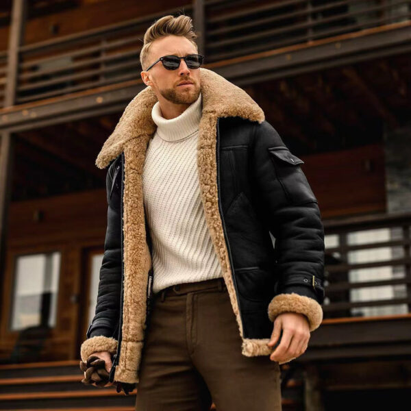 Men's Vintage Outdoor Training Suede Zip Pocket Lamb Fleece Collar Warm Jacket - Image 2