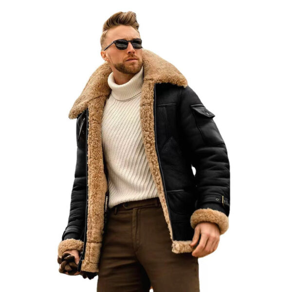 Men's Vintage Outdoor Training Suede Zip Pocket Lamb Fleece Collar Warm Jacket - Image 5
