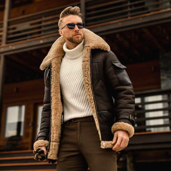 Men's Vintage Outdoor Training Suede Zip Pocket Lamb Fleece Collar Warm Jacket - Image 3