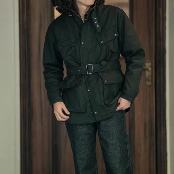 Men's Vintage Oil-Waxed Jacket Outdoor Mutil-Pocket Windproof Waterproof Coat - Image 4