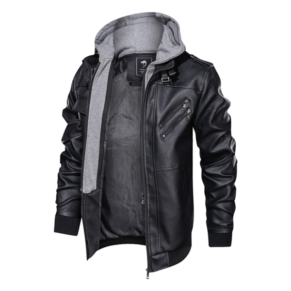 Distressed Leather Jacket Hooded Motorcycle Coat - Black - Image 2