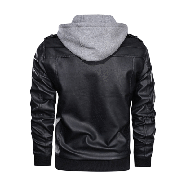 Distressed Leather Jacket Hooded Motorcycle Coat - Black - Image 5