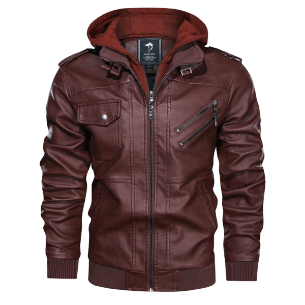 Distressed Leather Jacket Hooded Motorcycle Coat - Image 8