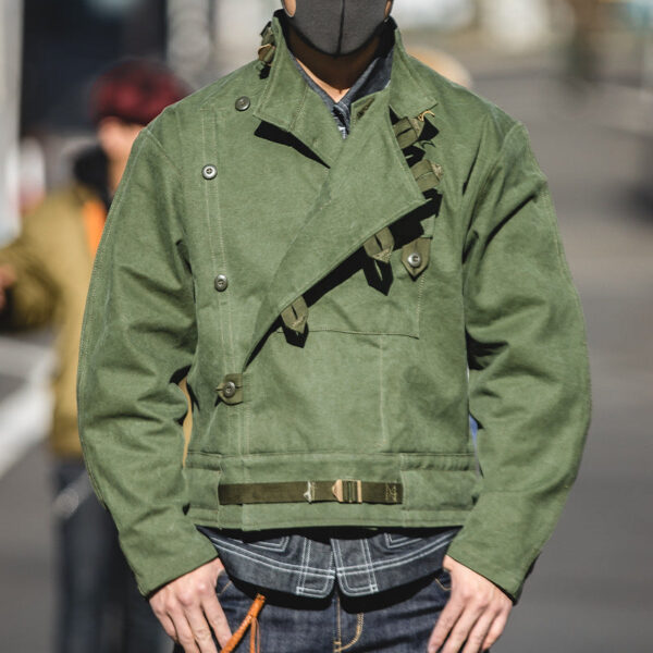 Mens Vintage Swedish Army Dispatch Rider Motorcycle Green Cotton Jacket Coat - Image 9