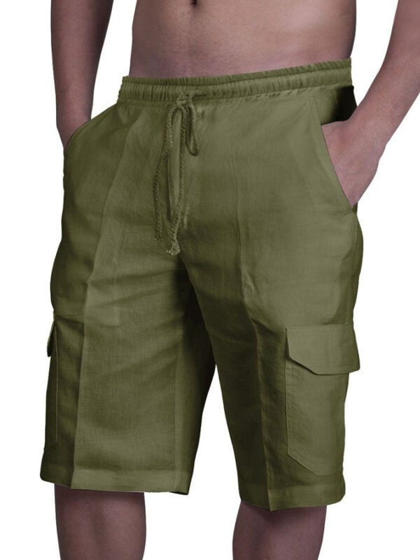 Men's Cotton Linen Shorts Multi-pocket Tethered Beach Cargo Shorts - Image 7