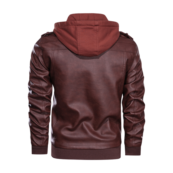 Distressed Leather Jacket Hooded Motorcycle Coat - Image 9