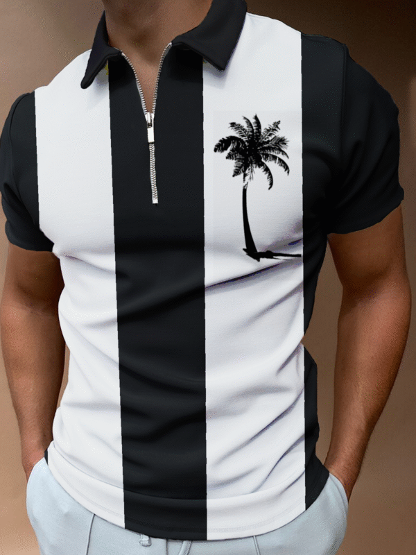 Resort Style Hawaiian Series Coconut Tree Geometric Stripe Elements Lapel Short-Sleeved Polo Top