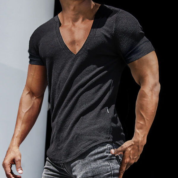 Men's Casual Slim Short Sleeve T-Shirt Sports Fitness Running V Neck Tops - Image 2