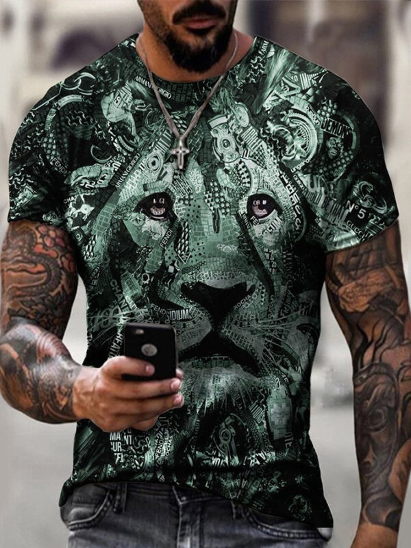 Mens Lion 3D Print Short-Sleeved T-Shirt black Casual Tops - Image 3