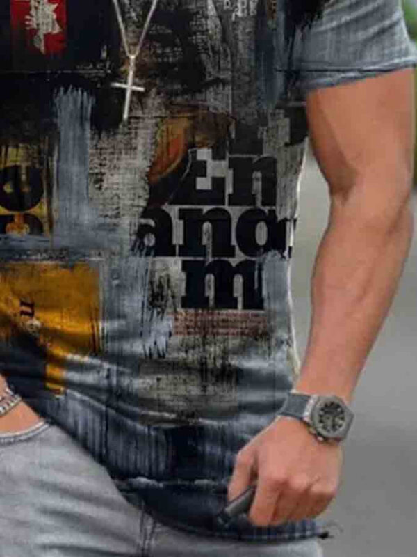 Black-Grey Abstract Cotton-Blend Crew Neck Casual Shirts & Tops - Image 2