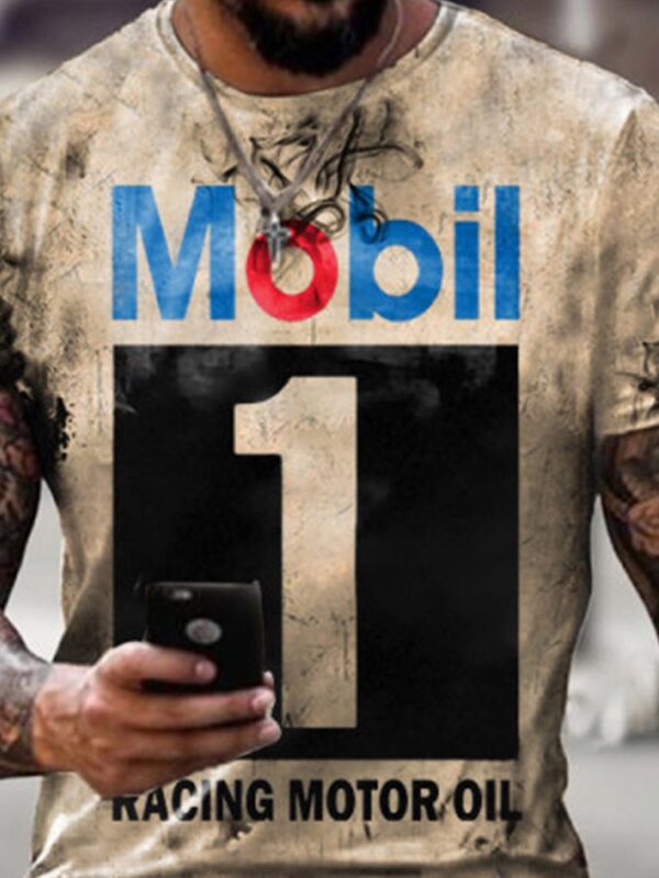 Men's vintage T-shirt Motor Mobil 1 Oil Badge Printed Plus Size Tops - Image 2