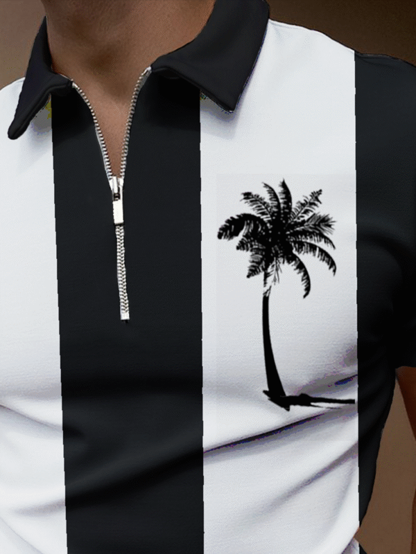 Resort Style Hawaiian Series Coconut Tree Geometric Stripe Elements Lapel Short-Sleeved Polo Top - Image 3
