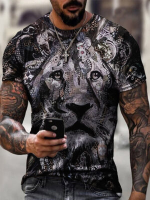 Mens Lion 3D Print Short-Sleeved T-Shirt black Casual Tops