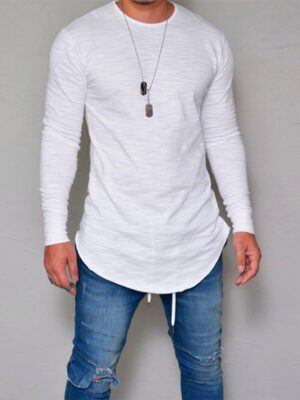 Men's Cotton Plain Long Sleeve T-Shirt Extra Long Length Man Tops Tee