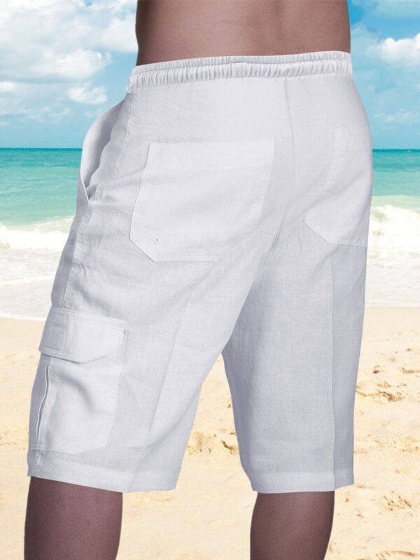Men's Cotton Linen Shorts Multi-pocket Tethered Beach Cargo Shorts - Image 2