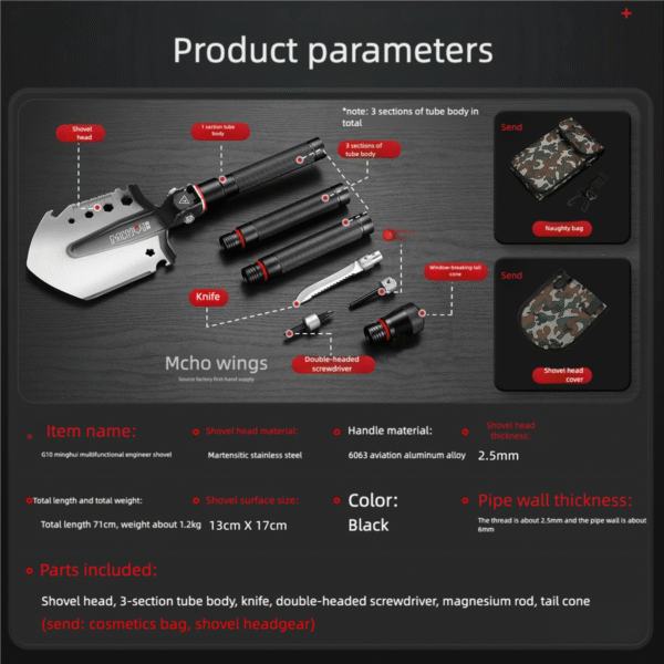 7-in-1 Mcho Wings Folding Shovel Tool: Knife, Screwdriver, Magnesium Rod & More - Image 5